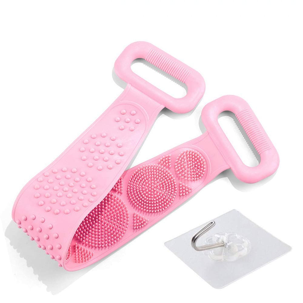 Silicone Back Scrubber for Shower, Double Sided Silicone Bath Body Brush for Women/Men Exfoliating Texture Scrubbing Pad, Back Washer for Shower + Hook (27.5inch, Pink)