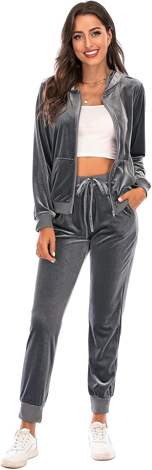 Veseacky Velour Tracksuit Set Womens Full Zip Hoodie Sweatshirt & Long Sweatpants Sweatsuit Sportwear with Pocketks S-XXL