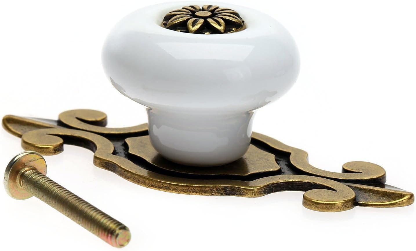 Dophee 1Pc Vintage Ceramic Europe Door Knobs Drawer Cabinet Cupboard Furniture Pull Handle,Antique Brass+White