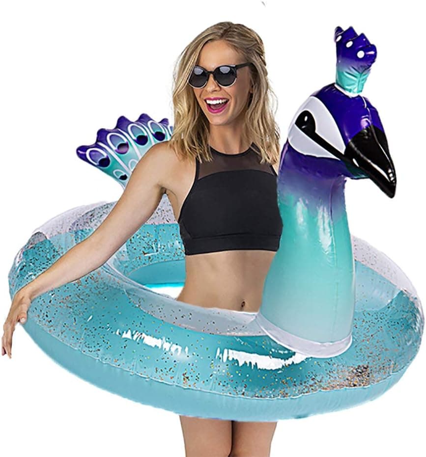 WISHTIME Giant Peacock Swim Pool Float 2019 Summer Peacock Inflatable Pool Float with Glitters Swim Ring Inflatable Lounge Raft Tube Summer Toys for Adults, Women, Kids, Toddlers