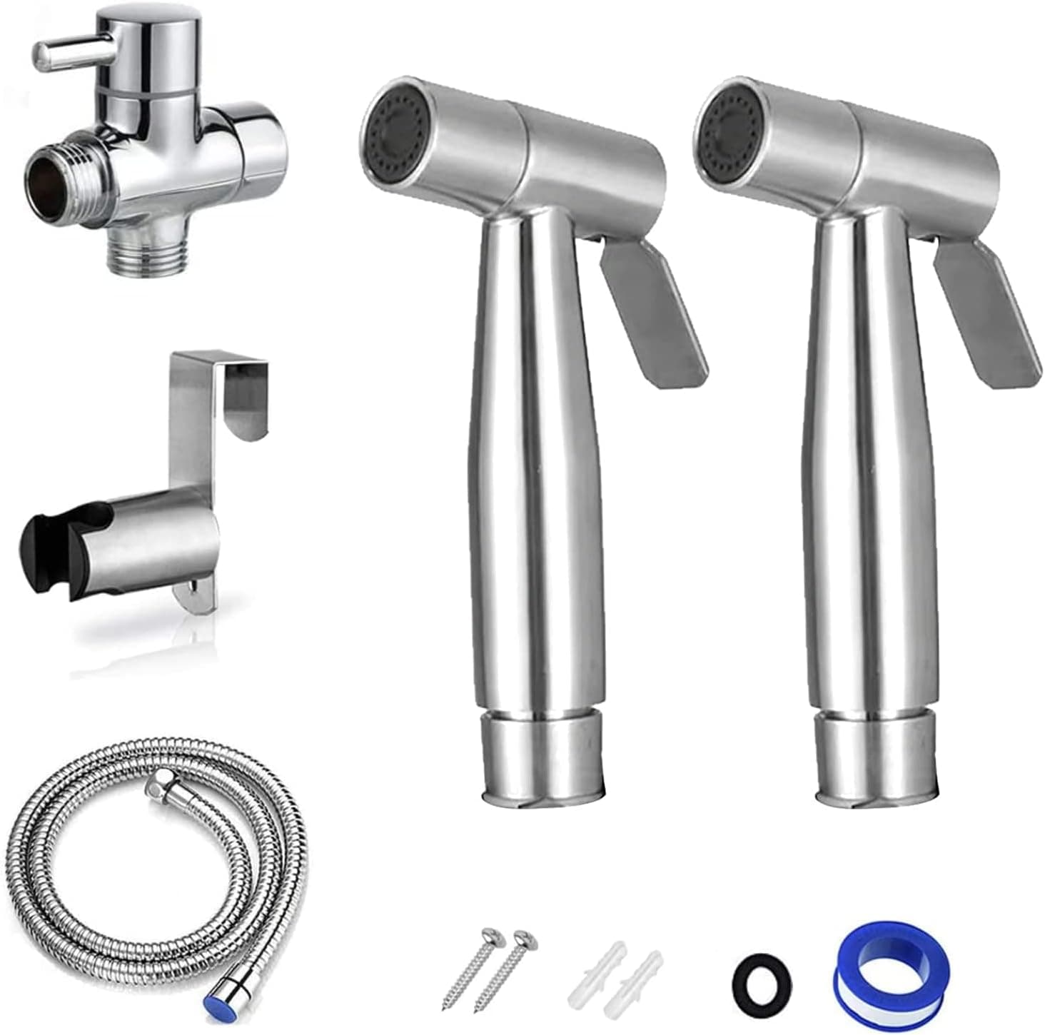 A Set of Bidet Sprayer for Toilet - Includes 2 Handheld Sprayer Head and 1 Hose Adjustable Water Pressure Control Stainless Steel Easy Install for Feminine Hygiene Baby Wash and Pet Shower Sprayer
