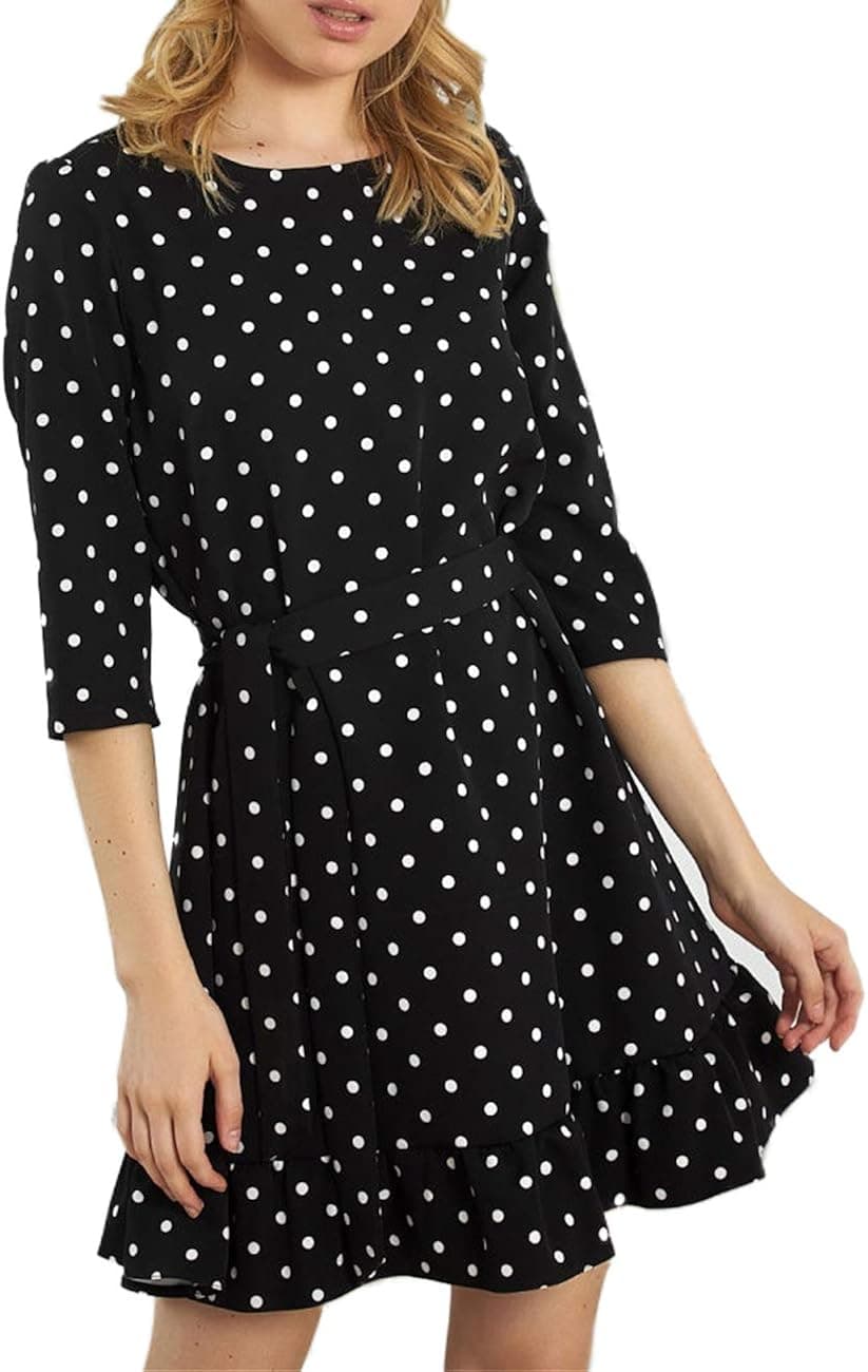 Simple Flavor Women's Summer Casual Polka Dot Aline Swing Dress Ruffle Hem Shift Tunic Dress with Belt