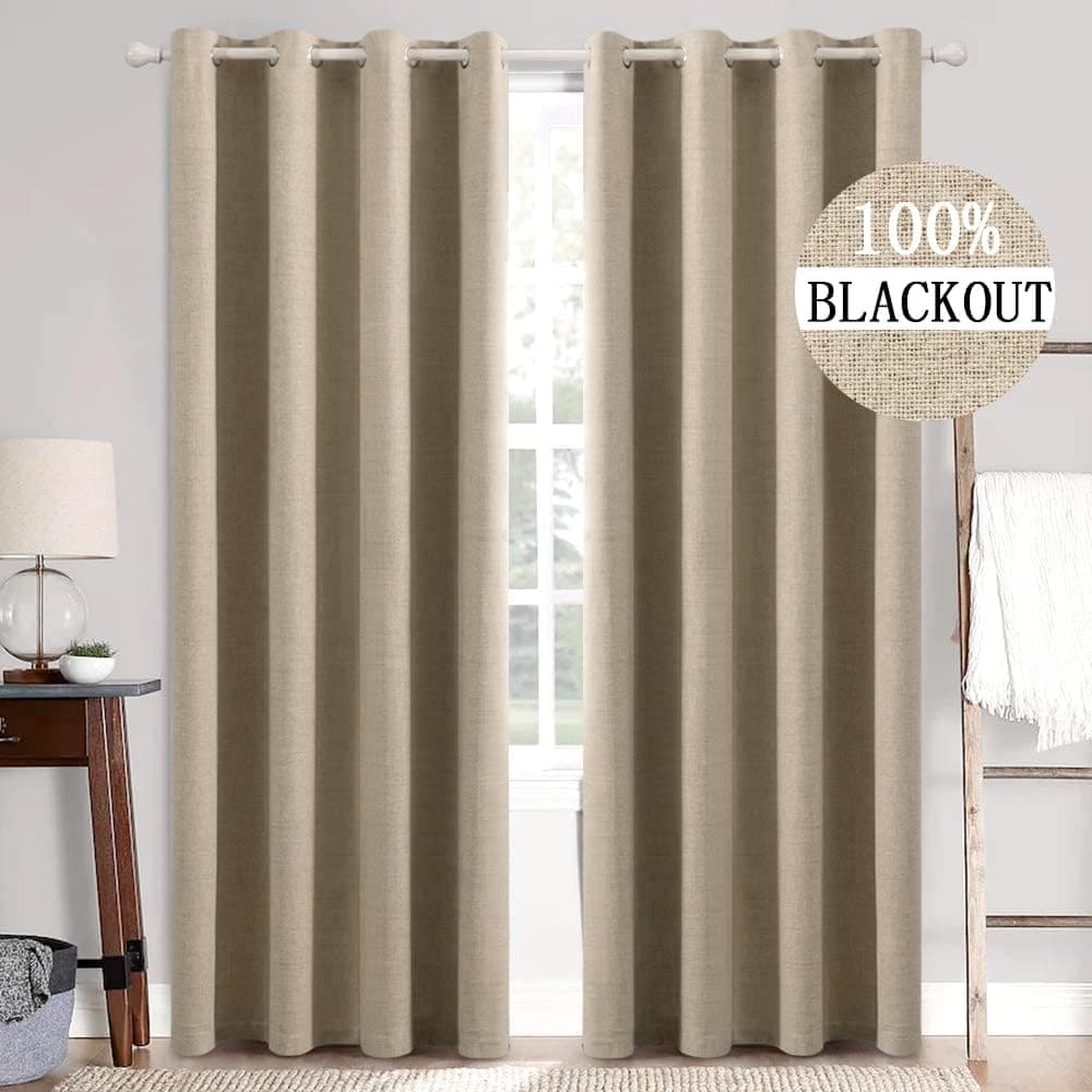 MIULEE 100% Blackout Curtains 90 Inches Long for Bedroom,Solid Grommet Window Curtain for Living Room,Tan Linen Textured Light Blackout Room Darkening Curtains/Draperies,2 Panels Set 52x90 Inch