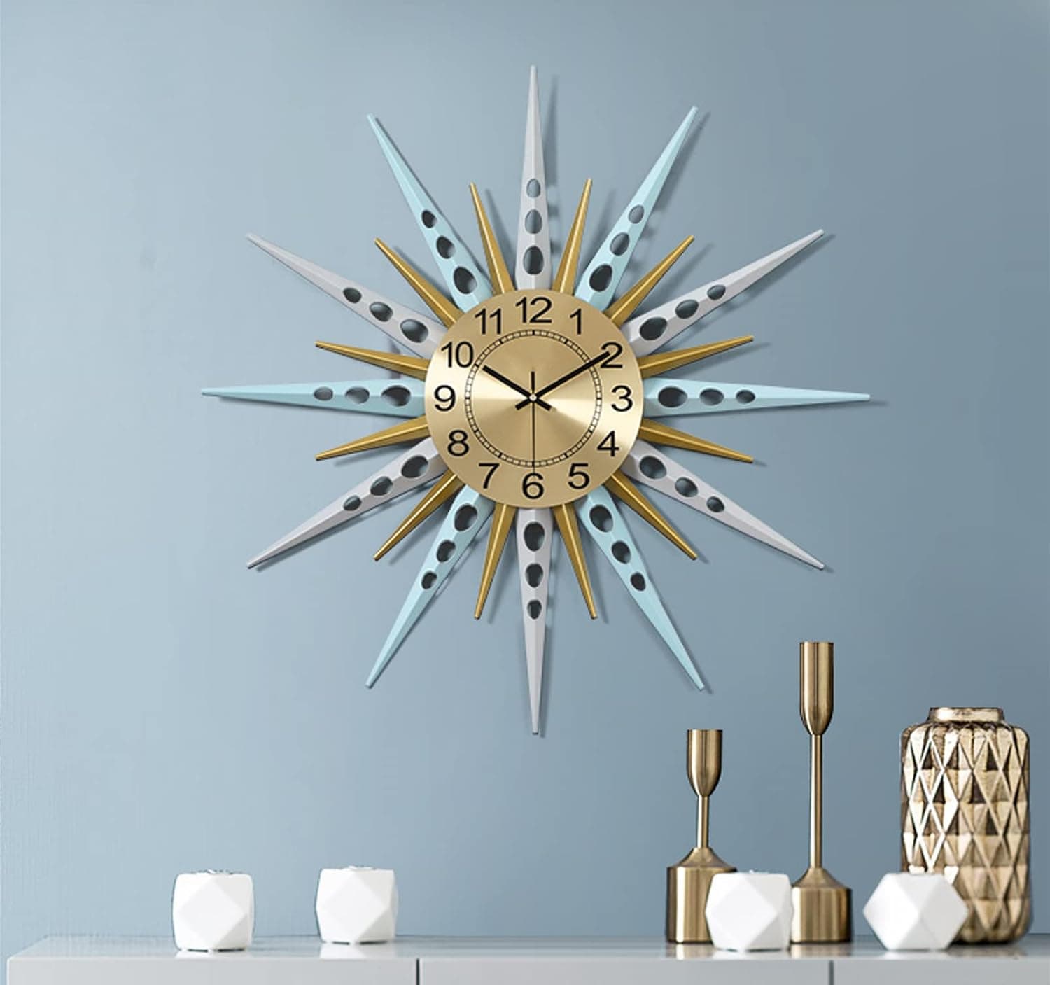 TEKZZ Large Wall Clock Metal Decorative, Modern Home Decorations for Living Room,Bedroom,Dining Room, Office,Hotels. Modern Home Decor, Dia 23 inch, Gold, Blue