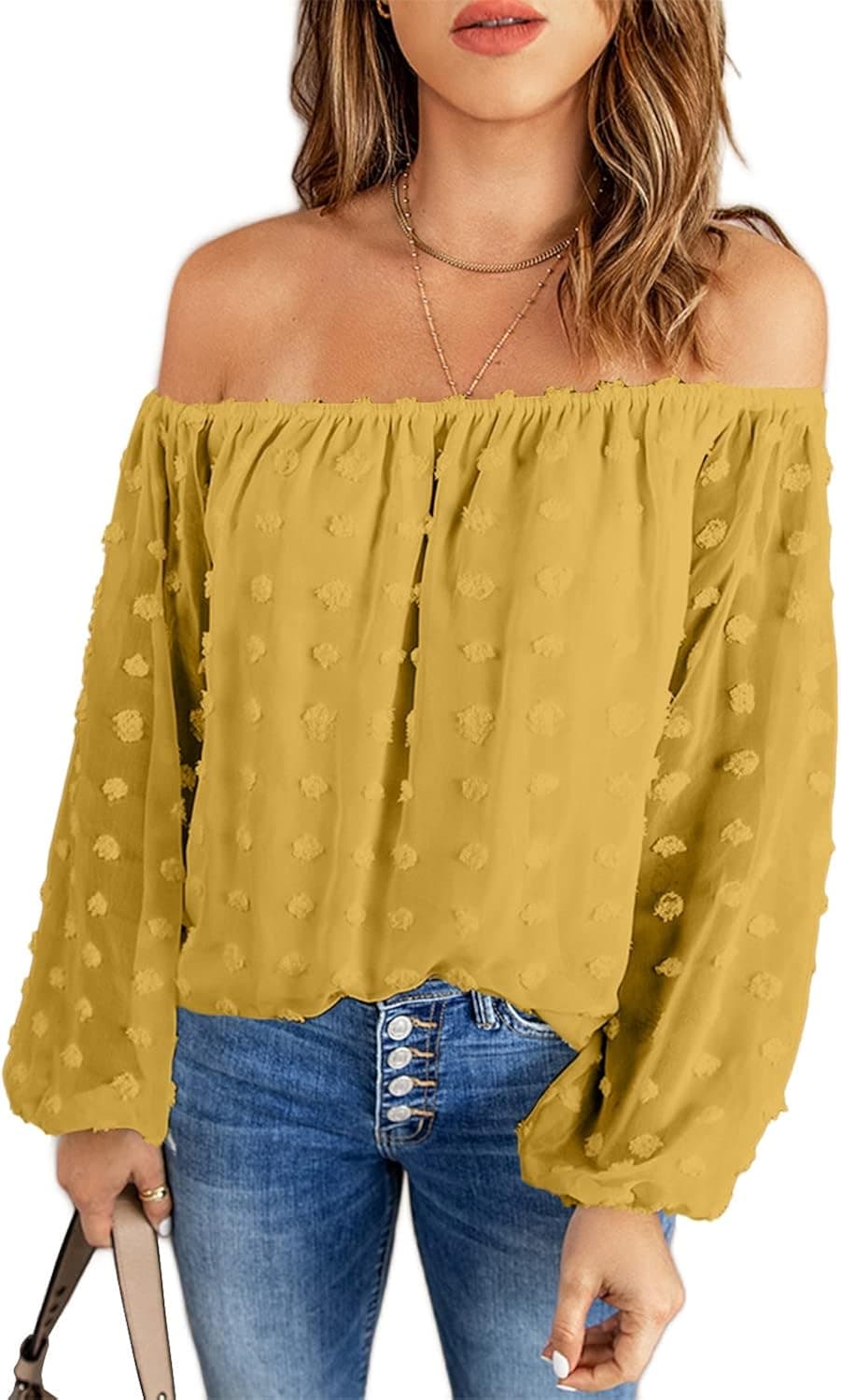 Jollycode Women's Off The Shoulder Tops Chiffon Blouses Long Sleeve Swiss Dot Summer Fashion Pom Pom Shirts Ginger
