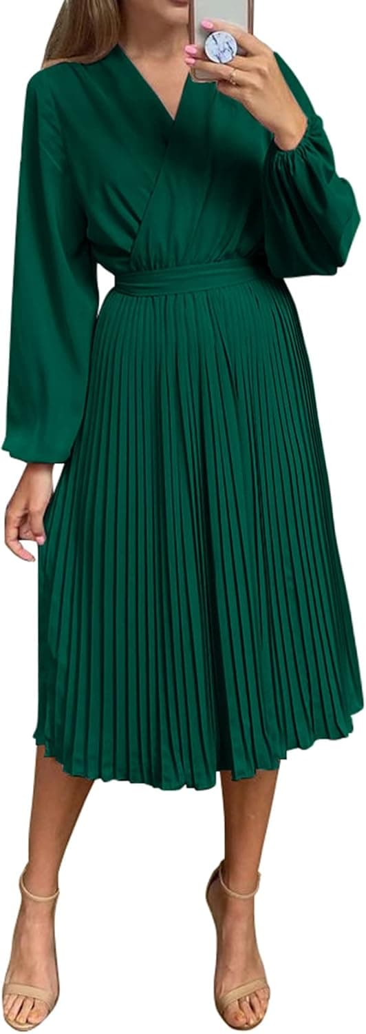 PRETTYGARDEN Women's Midi Long Puff Sleeve Wrap V Neck Flowy Ruffle Pleated Casual Dresses