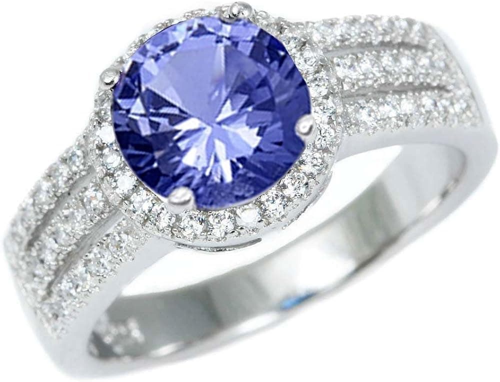 Oxford Diamond Co Sterling Silver Halo Simulated Tanzanite Gemstone Ring Sizes 5-10