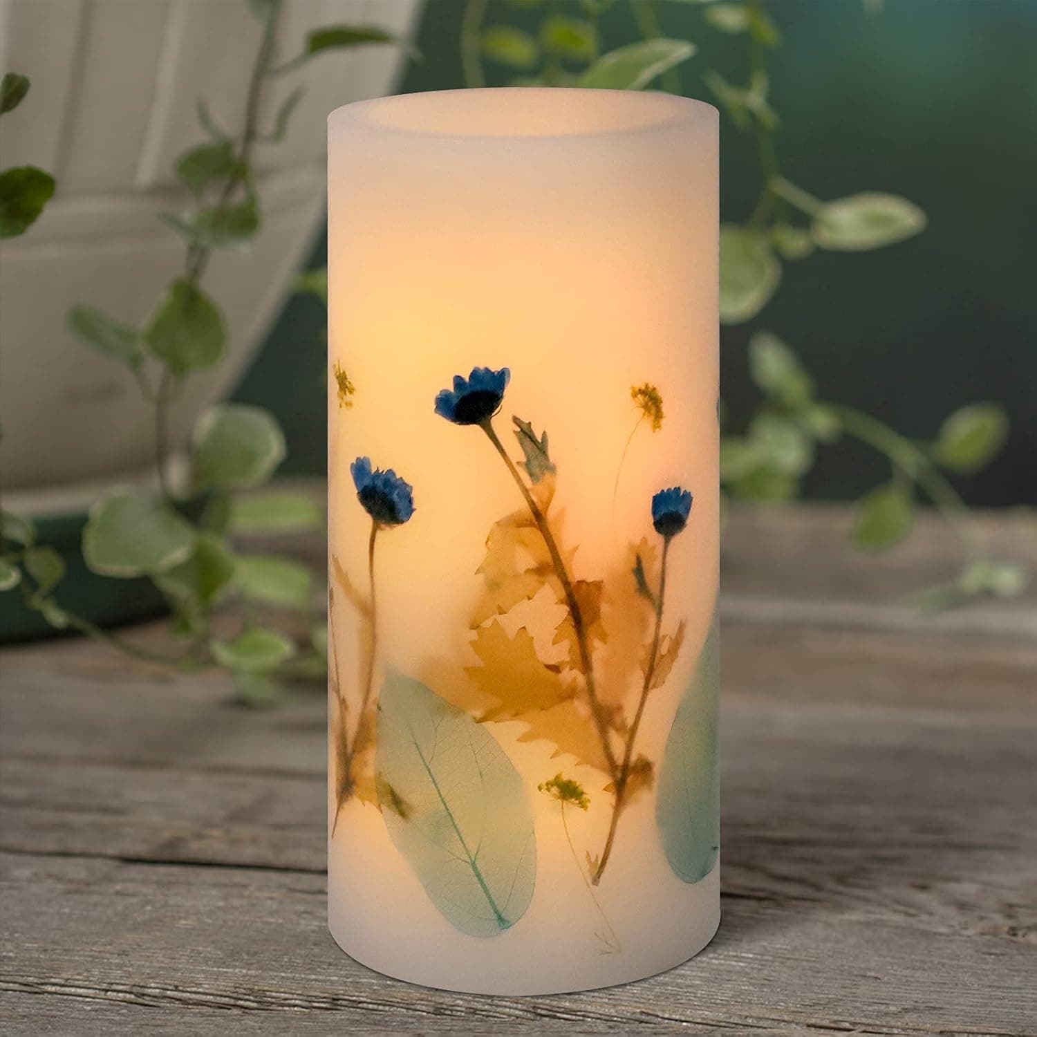 Holitown Flickering Candles, Flameless Candles D4 x H8, Blue Leaf Battery Candles Real Wax Pillar Candle with Timer for Summer Party,Home,Coverd Courtyard(4"x8")