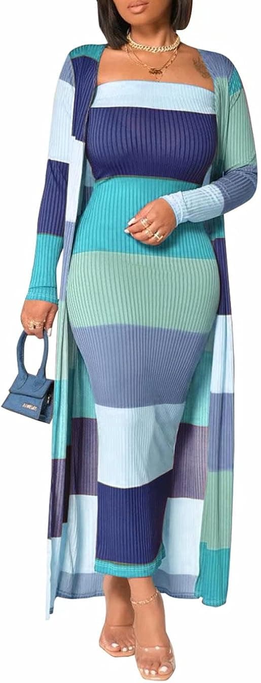 Aro Lora Womens 2 Piece Outfits Open Front Cardigan Tie Knot Tank Bodycon Midi Dress Set Clubwear