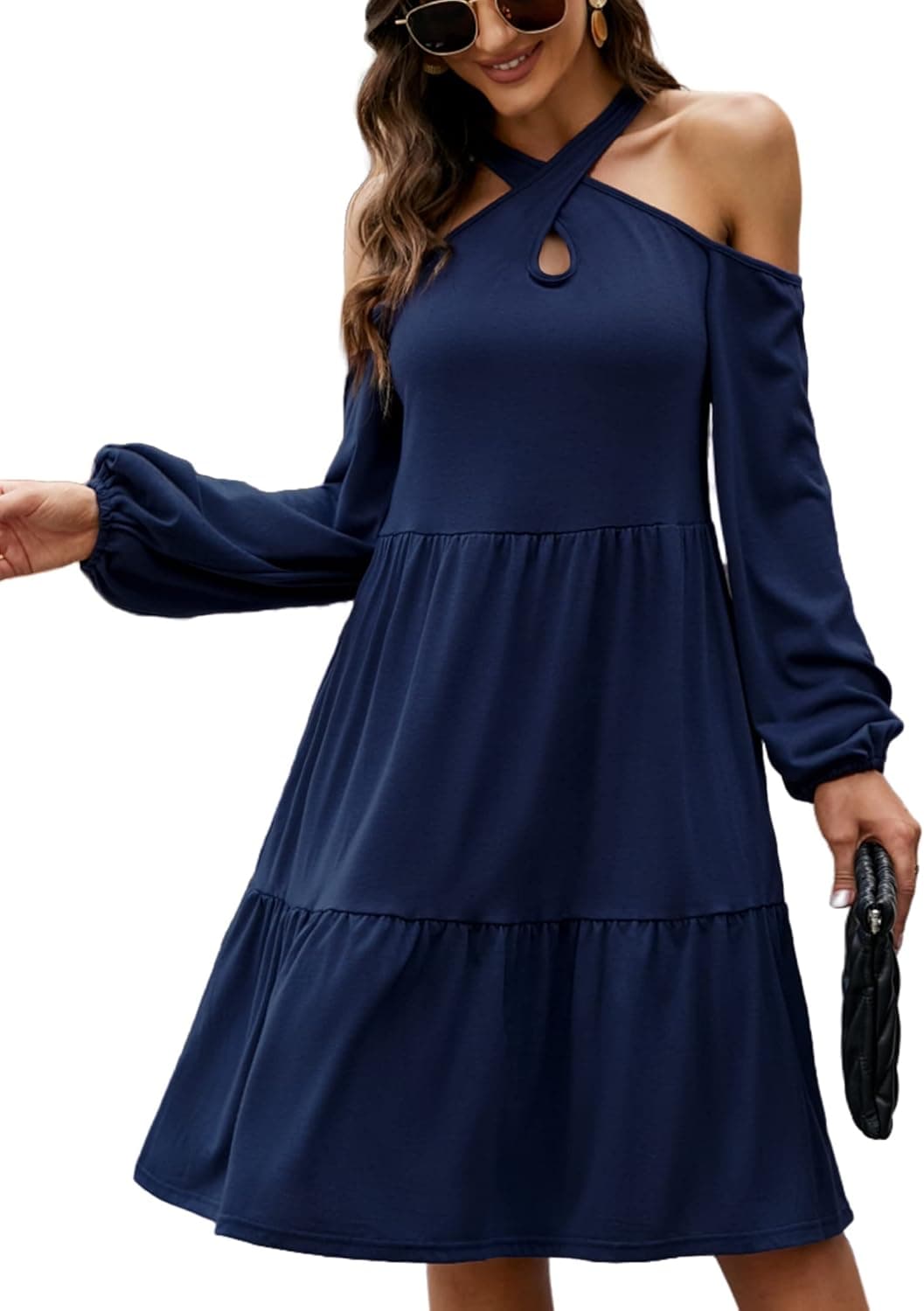MISSKY Cold Shoulder Dress for Women Casual Criss Cross Lantern Long Sleeve Dress Hollow Out Swing Dress