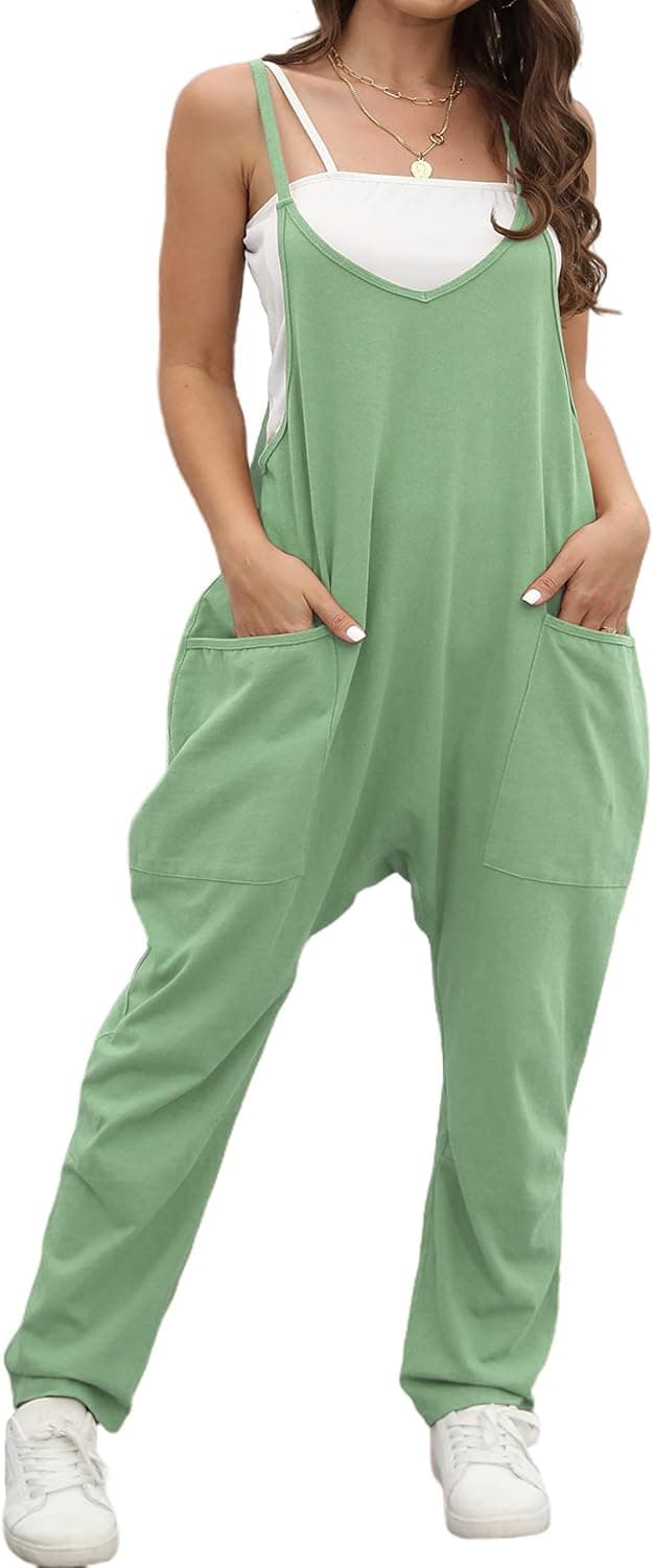 OUFEIYA Womens Casual Sleeveless Adjustable Strap Loose Solid Jumpsuits Baggy Stretchy Long Pant Romper Overalls with Pockets