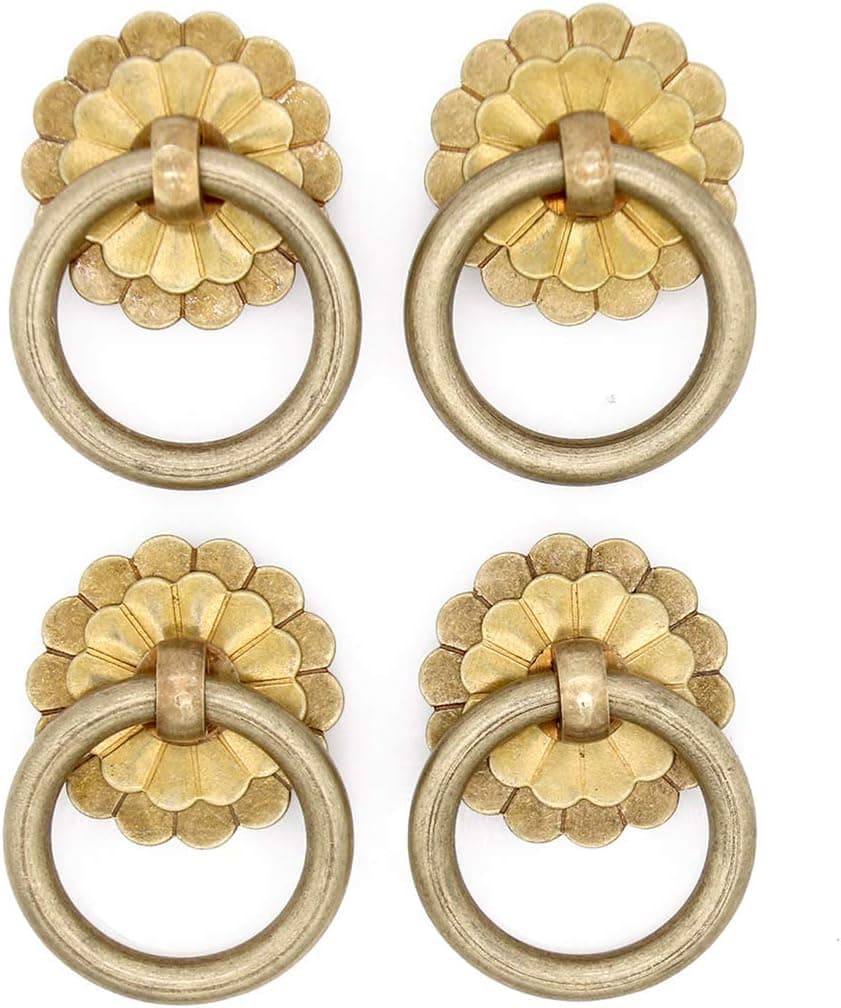 LXZ 4 PCs Vintage Antique Brass Ring Pulls - Pure Solid Brass Cabinet Hardware - Ring Size 1.4" (3.5 cm)