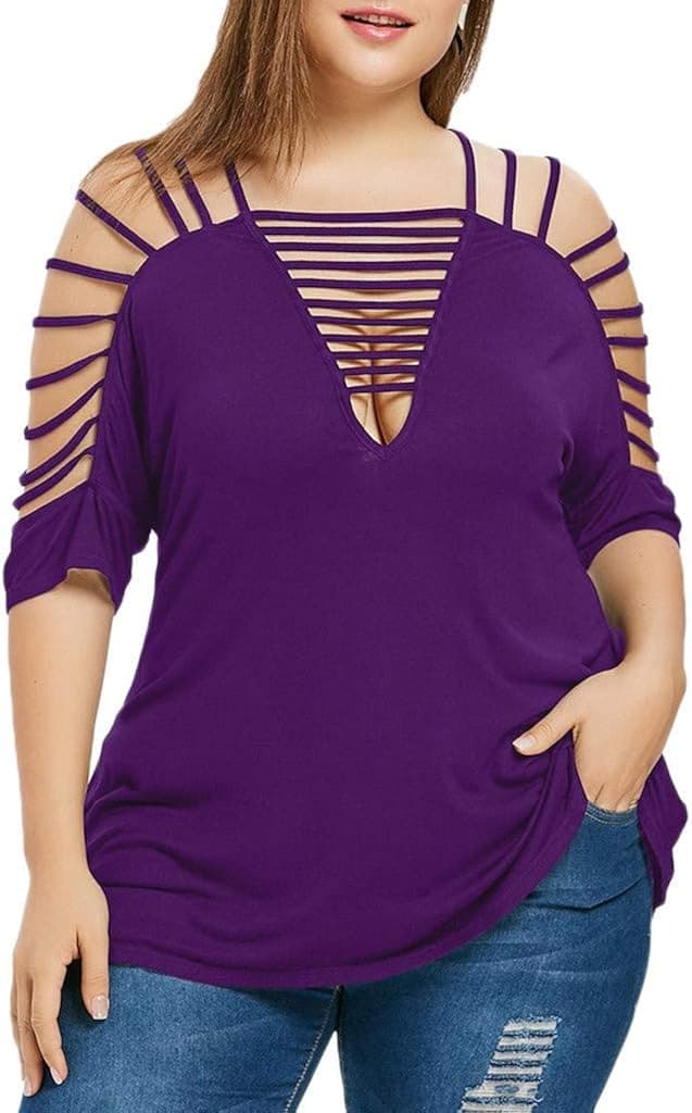 TUSANG Womens Plus Size Hollow Out V-Neck Cut Out Strappy T-Shirt Tops Blouse Short Sleeve Blouse Casual Tunic