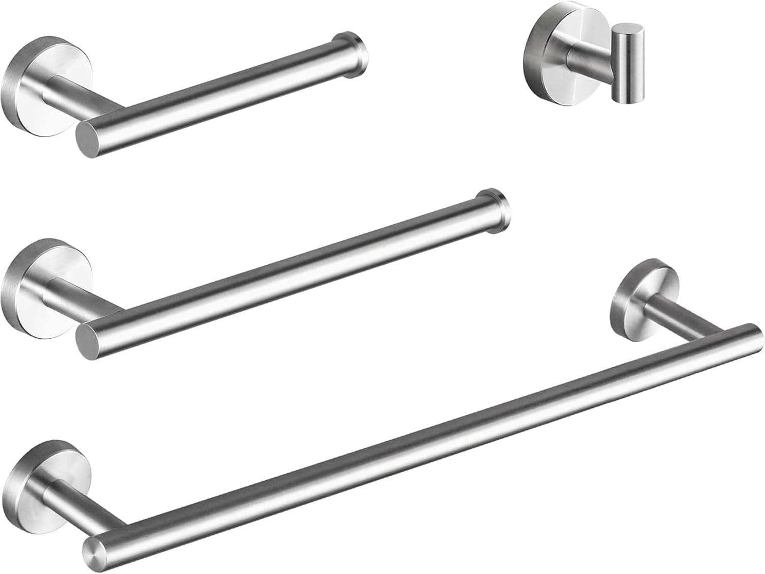 WPT 4 Piece Bathroom Hardware Set Brushed Nickel Stainless Steel Towel Bar Sets Wall Mounted Includes 16" Towel Bar, Towel Rack, Toilet Paper Holder, Robe Towel Hook