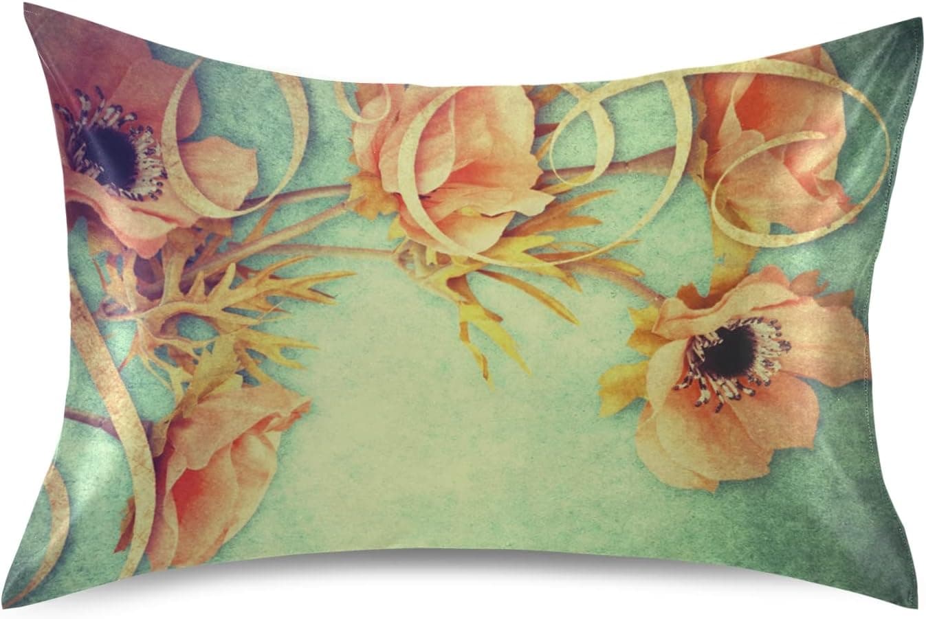 ALAZA Satin Pillowcase for Hair and Skin, Vintage Orange Floral Decorative Soft Pillow Cases Standard Size 26x20 inches