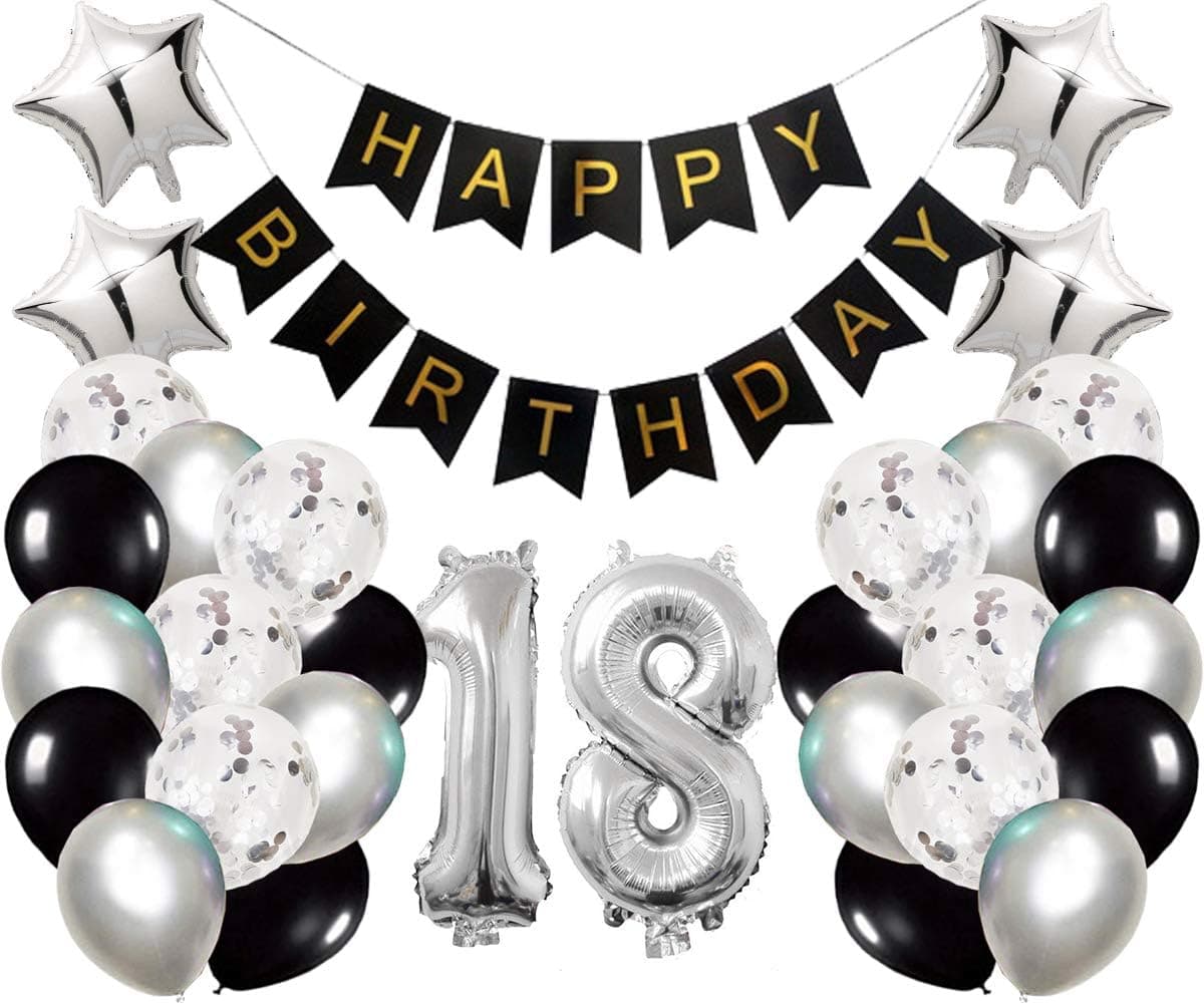 18th Birthday Party Decorations Kit Happy Birthday Banner with Number 18 Birthday Balloons for Birthday Party Supplies 18th Silver and Black Birthday Party Pack