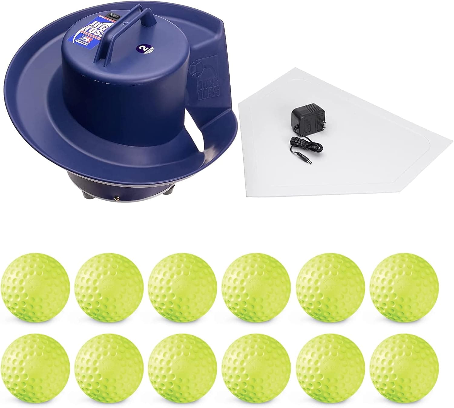 Jugs Toss Machine with 1-Dozen Sting-Free Game-Ball Yellow Dimpled Softballs. Holds up to 10 Softballs; Tosses One Ball Every 5 Seconds. Rechargeable—Runs up to 8 Hours.