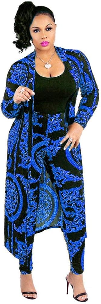 Women 2 Piece Club Outfits Long Sleeve Floral Open Front Cardigan and Pants Set (Large, Blue)