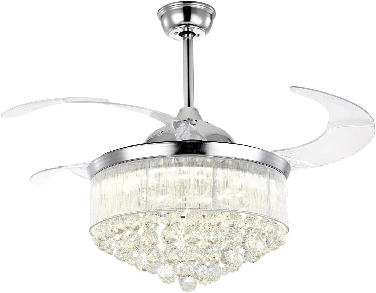 OUKANING 42'' Inches Ceiling Fan Light, Remote Control LED Pendant Light Crystal Dimmable Metal Luxury Invisible Ceiling Remote Control Chandelier Lighting for Living Room Bedroom Restaurant - Silver