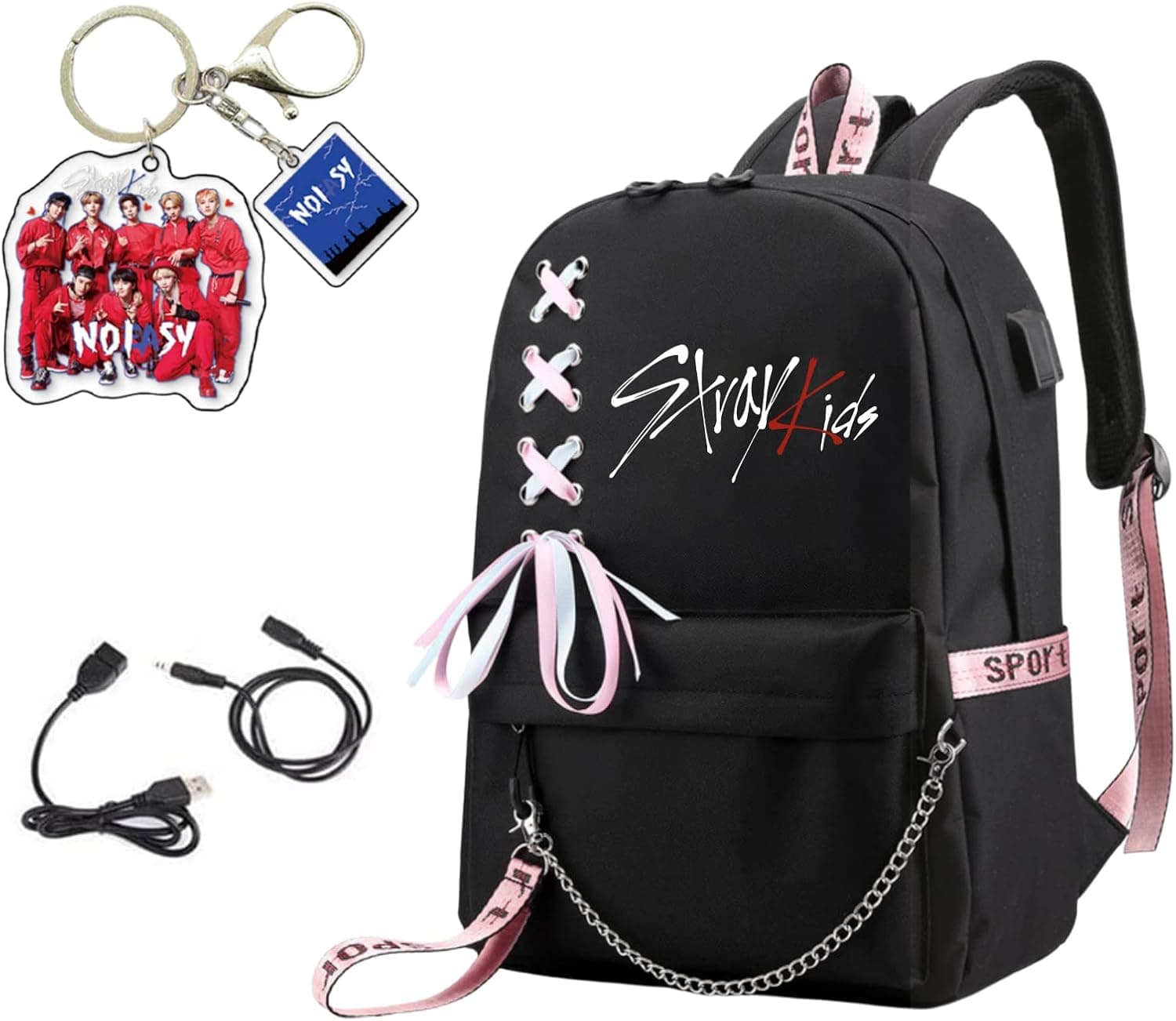 OMECAR Backpack for Stray Kids Fans with Audio Cable USB Charging Port Korean Backpack Laptop Bag Merchandise for Girls STAY Fans Gifts (Black) 17.7×11.8×7 in Kpop5698