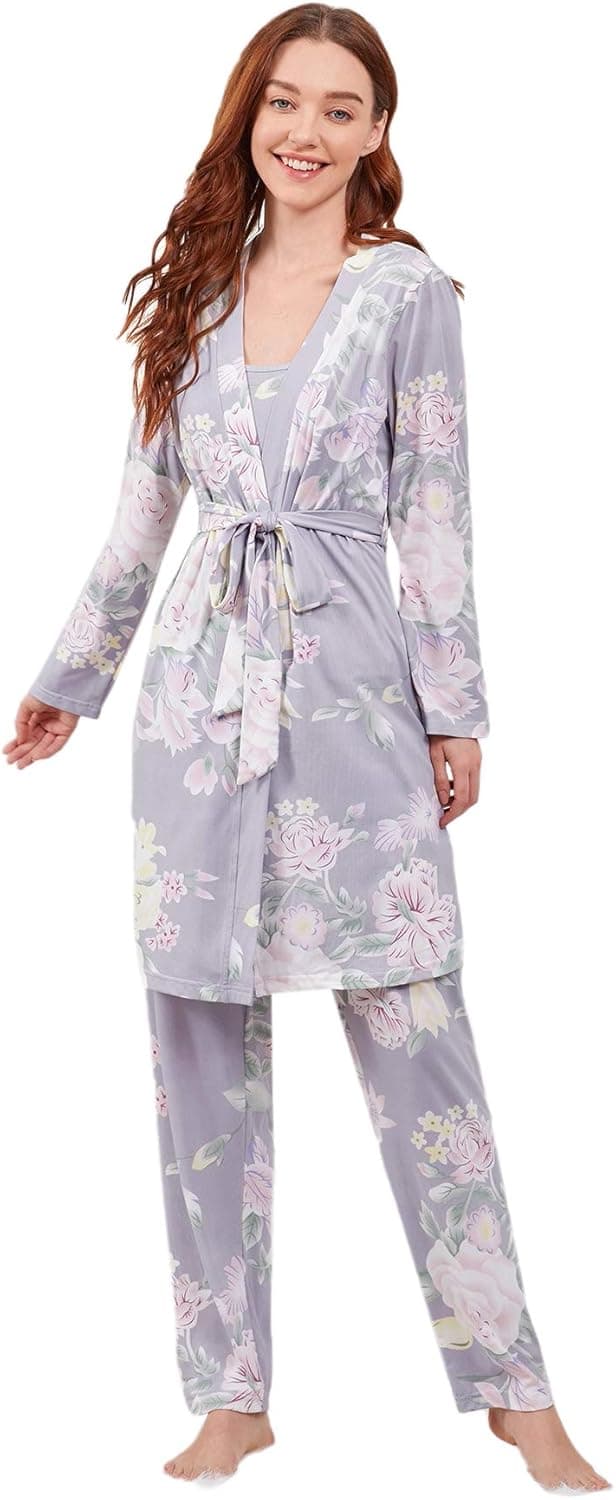 WDIRARA Women's 3 pcs Sleepwear Leaf Print Cami and Pants Pajama Set with Robe