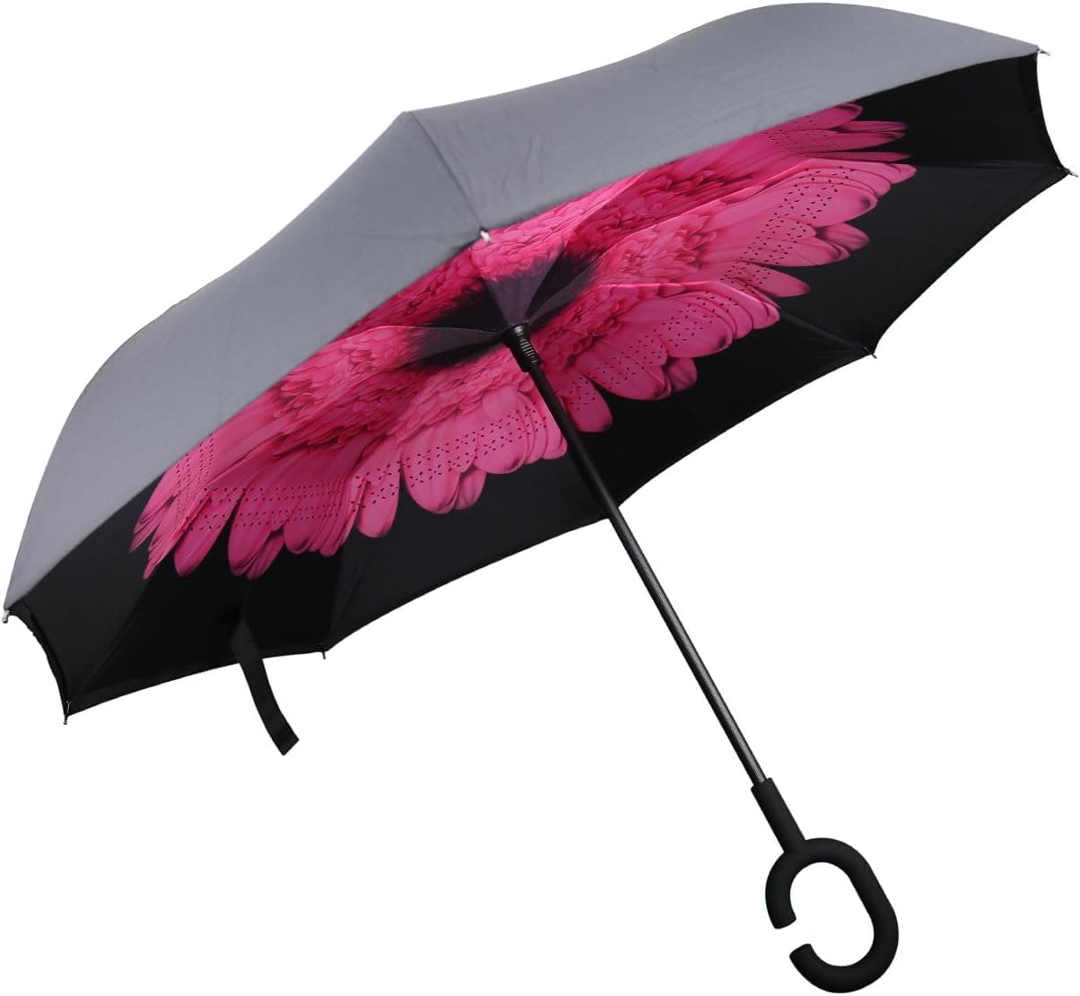WINHI Double Layer Inverted Umbrella Cars Reverse Umbrella Waterproof Windproof UV Protection Big Straight Travel Umbrella for Car Rain Outdoor with C-Shaped Handle (Rose red Daisy)