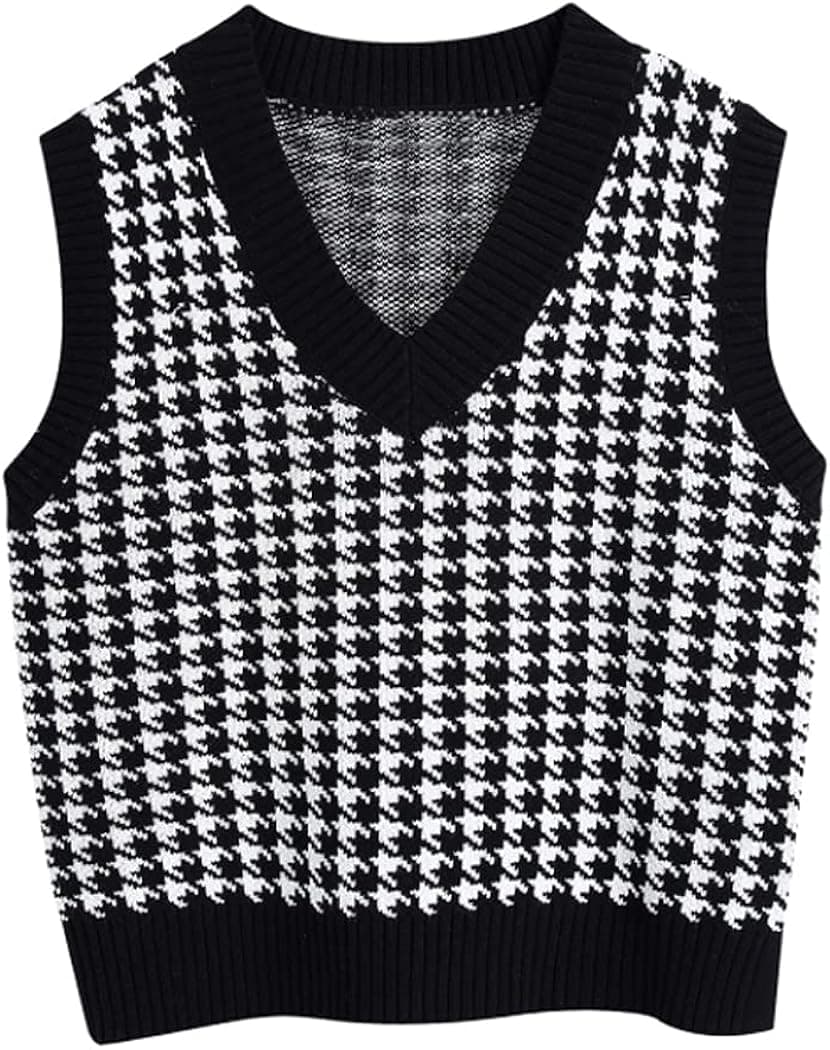 Gulajia Oversized Women Houndstooth Pattern Knit Sweater Vest Sleeveless Loose V-Neck 90s Waistcoat Pullover Knitwear Top