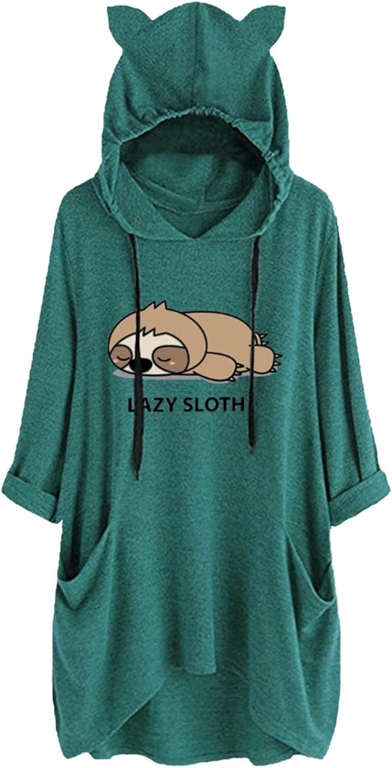 IGETELY Lazy Sloth Hoodie for Womens Cute Graphic Sweatshirts Novelty Loose Fit Casual Half Sleeve Pullover Sweaters