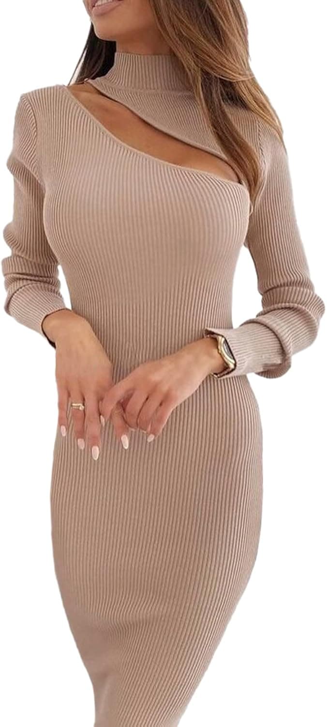 Glamaker Women's Sexy Long Sleeve Ribbed Sweater Dress Bodycon Midi Long Sweater Dresses