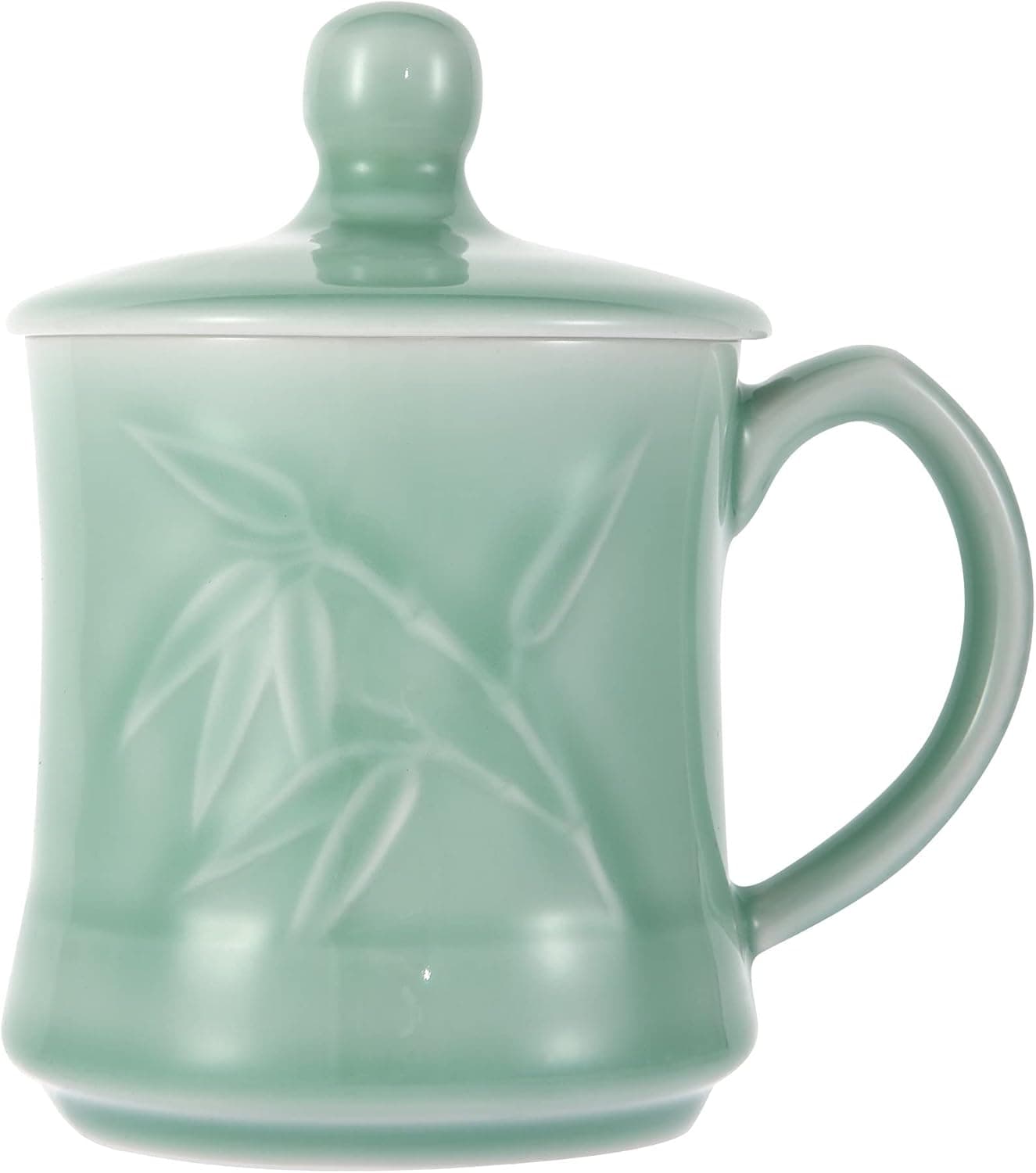 GREEN VALLEY Celadon Teacup, Coffee Mug, Milk Cup, Luxury Bamboo Leaf Pattern Celadon Cup with Lid, Longquan Celadon, World Intangible Cultural Heritage, 13oz, Plum Green
