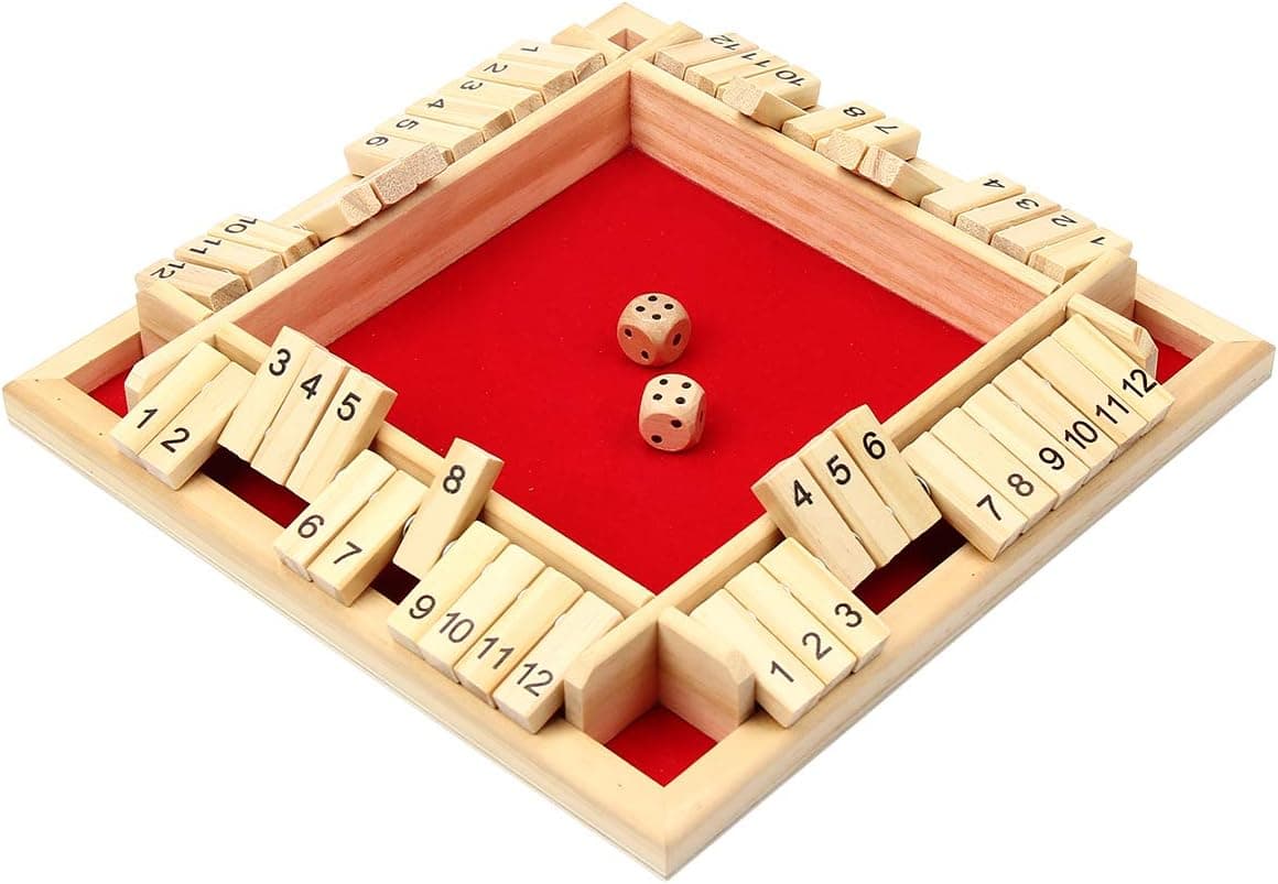 bouti1583 Shut The Box Dice Game,Classic 4 Sided Wooden Board Game Flip 12 Number Classic Tabletop Games for 2-4 Player Red(Big Size)