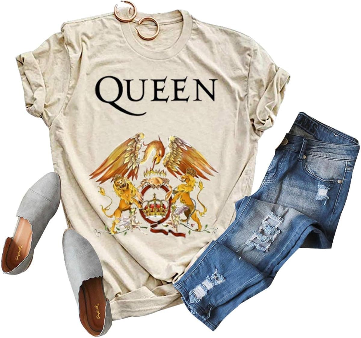 Women Vintage Official Shirt Music Concert Graphic Tees Rock Band Short Sleeve Tee (Beige, L)