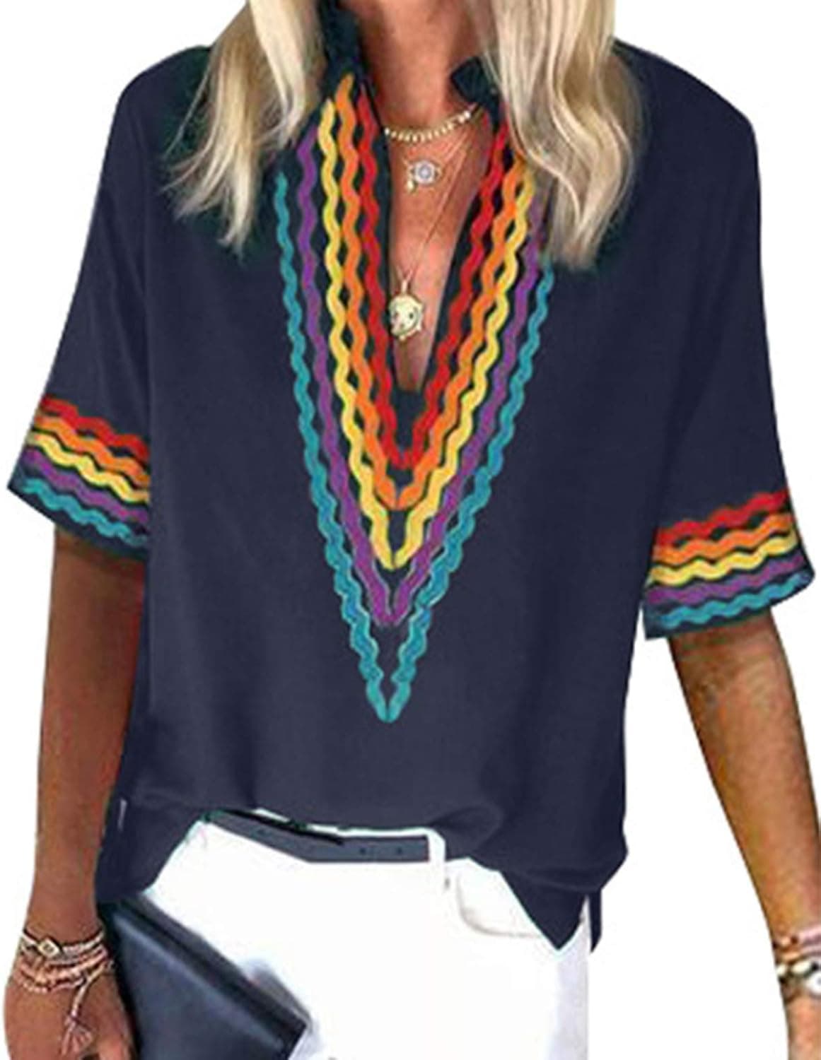 Mansy Women's Summer V Neck Boho Print Embroidered Shirts Short Sleeve Casual Tops Blouse