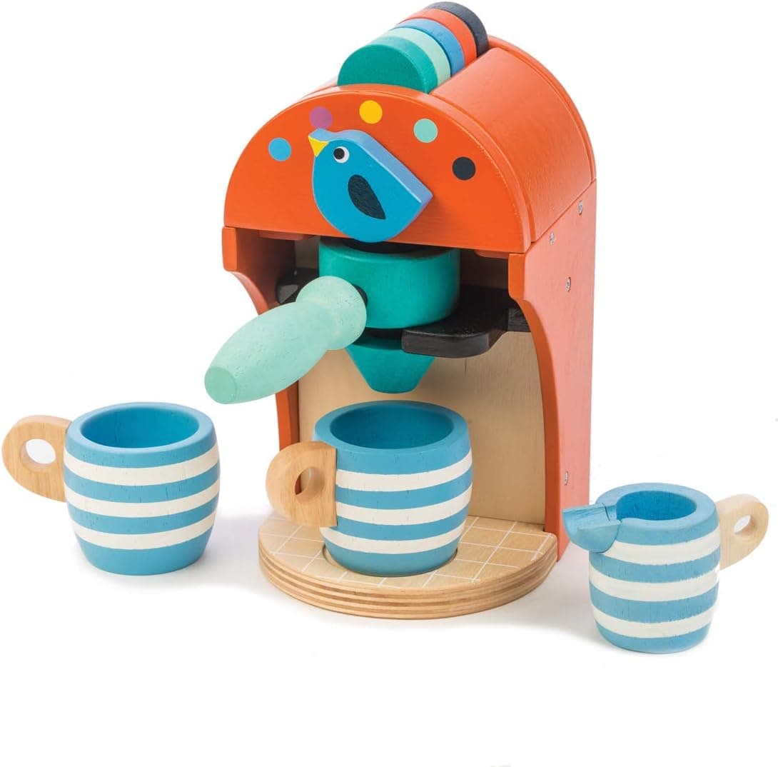 Wooden Toy Espresso Machine - Pretend Food Play Toy Coffee Machine with Capsules, Cups and Milk Jug - Encourages Imaginative Play, Roleplay and Communication Skills - 3 Years +