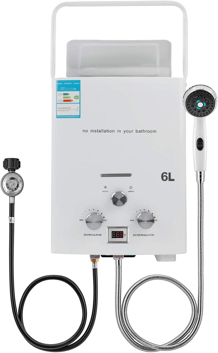 6L Tankless Portable Water Heater 1.6GPM Propane Instant Hot Water Heater Copper Heat Exchanger with Portable Handle Portable Gas Shower RV Camper Outdoor Camping Overheating Protection
