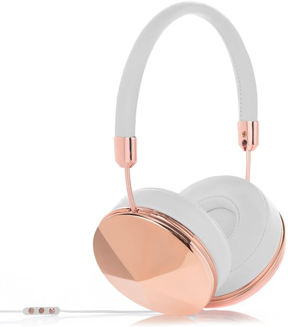 Frends Taylor Wired Headphones Over Ear, Women’s’ Fashion Headphones, Hi-Fi Sound, 3 Button mic and Remote, Black Leather Headband, Hand Polished Rosegold Cap