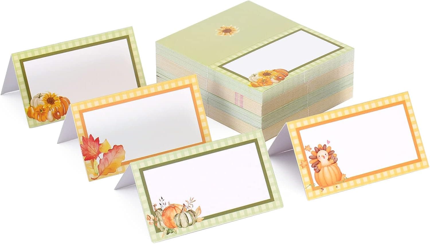 FLOEVER Thanksgiving Place Card 100PCs-Samll Tent Cards 2*3.5 inches-Wedding Name Cards with Turkey Pumkin sunflower and Maple image for Table Setting, Banquets, Dinner Parties