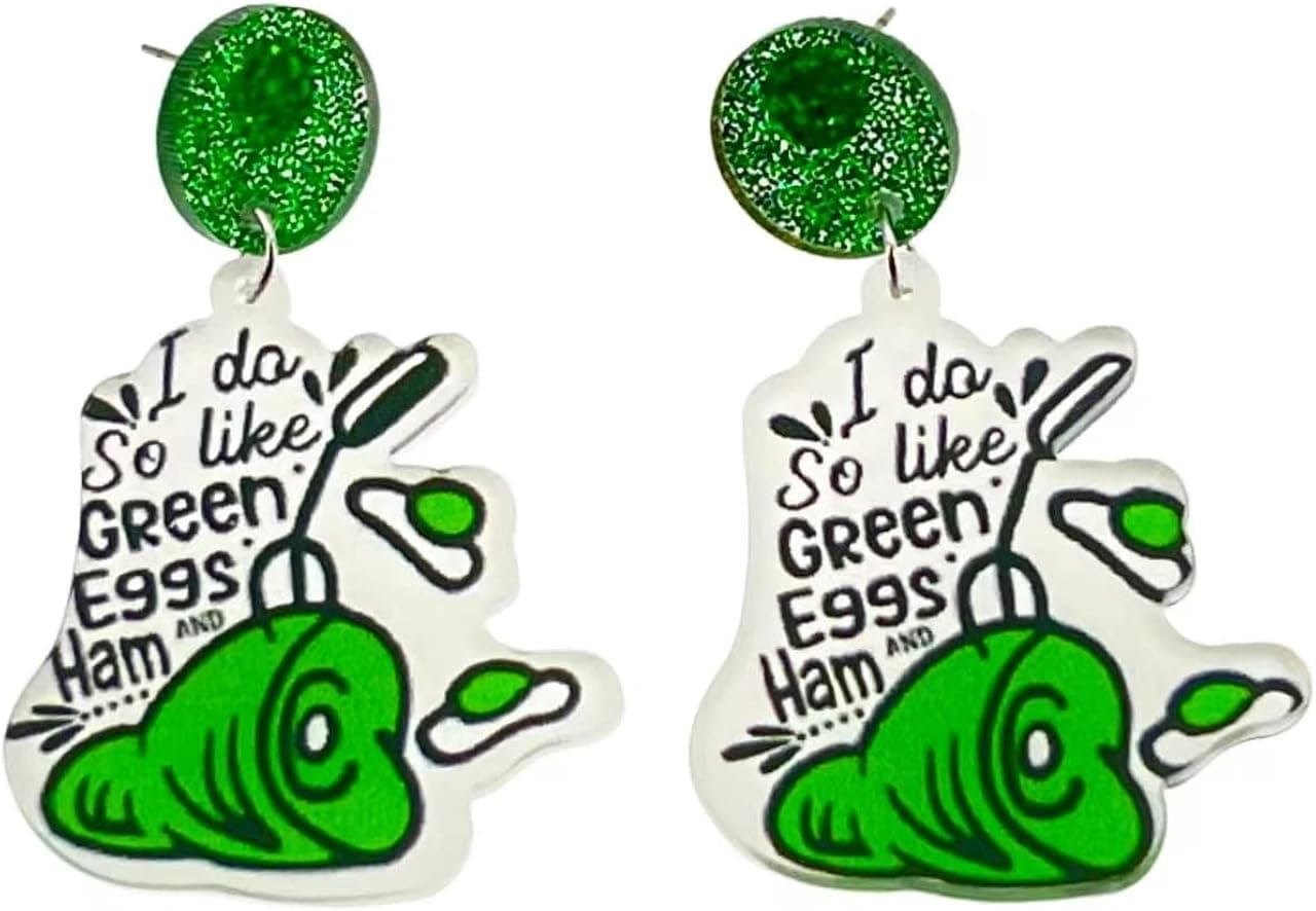 Green Eggs and Ham Themed Earrings for Teachers, Educators, Women and More. Super Cute Pair of Green Eggs and Ham Book Themed Earrings for Women. Seuss Style Earrings for Teachers. Great Pair of Fun Frizzle Earrings for Educators, Teacher Appreciation and More.