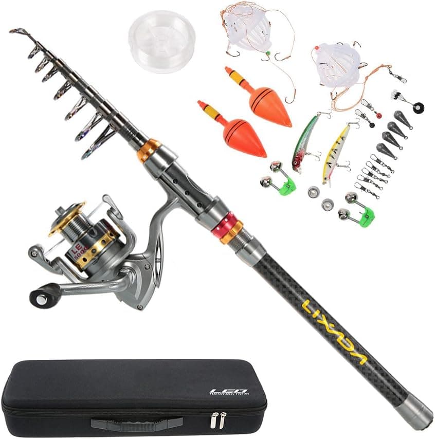 Lixada Telescopic Fishing Rod and Reel Combo Full Kit Spinning Fishing Reel Gear Organizer Pole Set with 100M Fishing Line Lures Hooks and Fishing Carrier Bag Case Fishing Accessories