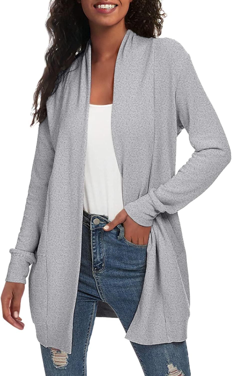 Tribear Women's Long Sleeve Open Front Loose Casual Lightweight Kimono Cardigan