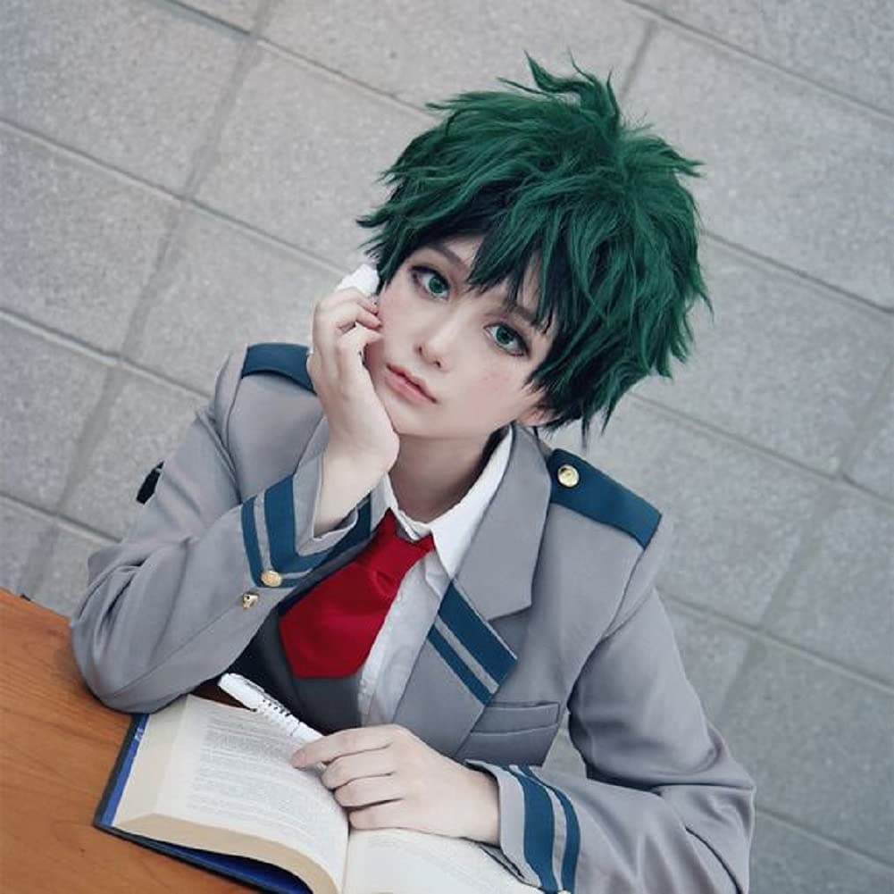 TOPHR Short Straight Black and Green Cosplay Deku Wig Anime Costume Synthetic for Cosplay Wigs