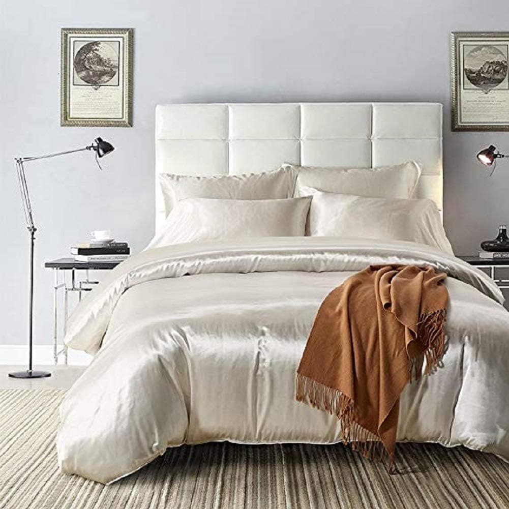 3 Piece Duvet Cover Set (1 Duvet Cover + 2 Pillow Shams) Satin Silk Honeymoon Sexy Luxury 100% Super Soft Microfiber Bedding Collection (White, King)