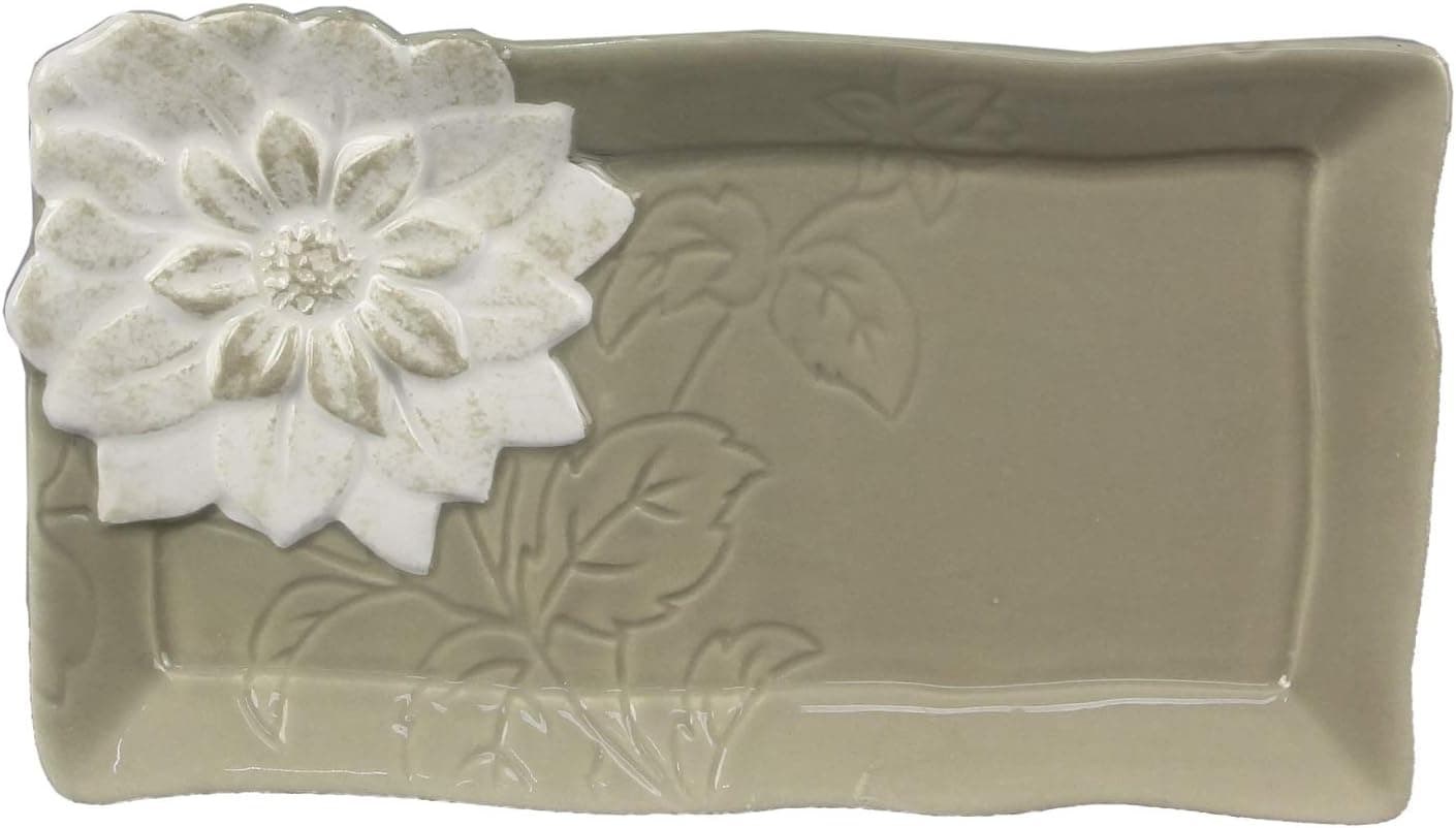 Gray Trinket Dish or Soap Dish with Embossed Flower Ceramic