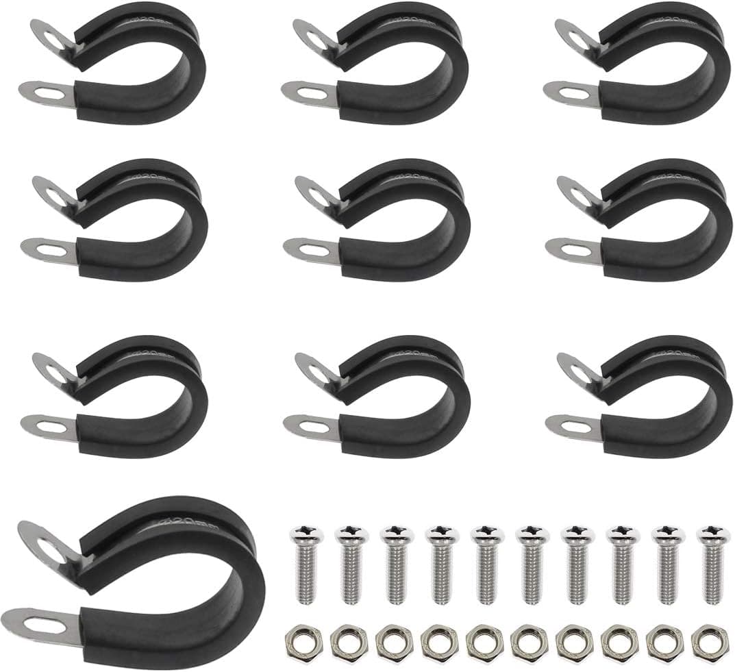 BokWin 10Pcs 3/4 Inch Stainless Steel Cable Clamp, Pipe clamp, Metal Clamp, Rubber Cushioned Insulated Clamp, Tube Holder for Tube, Wire Cord Installation with Screws (Diameter: 20mm)