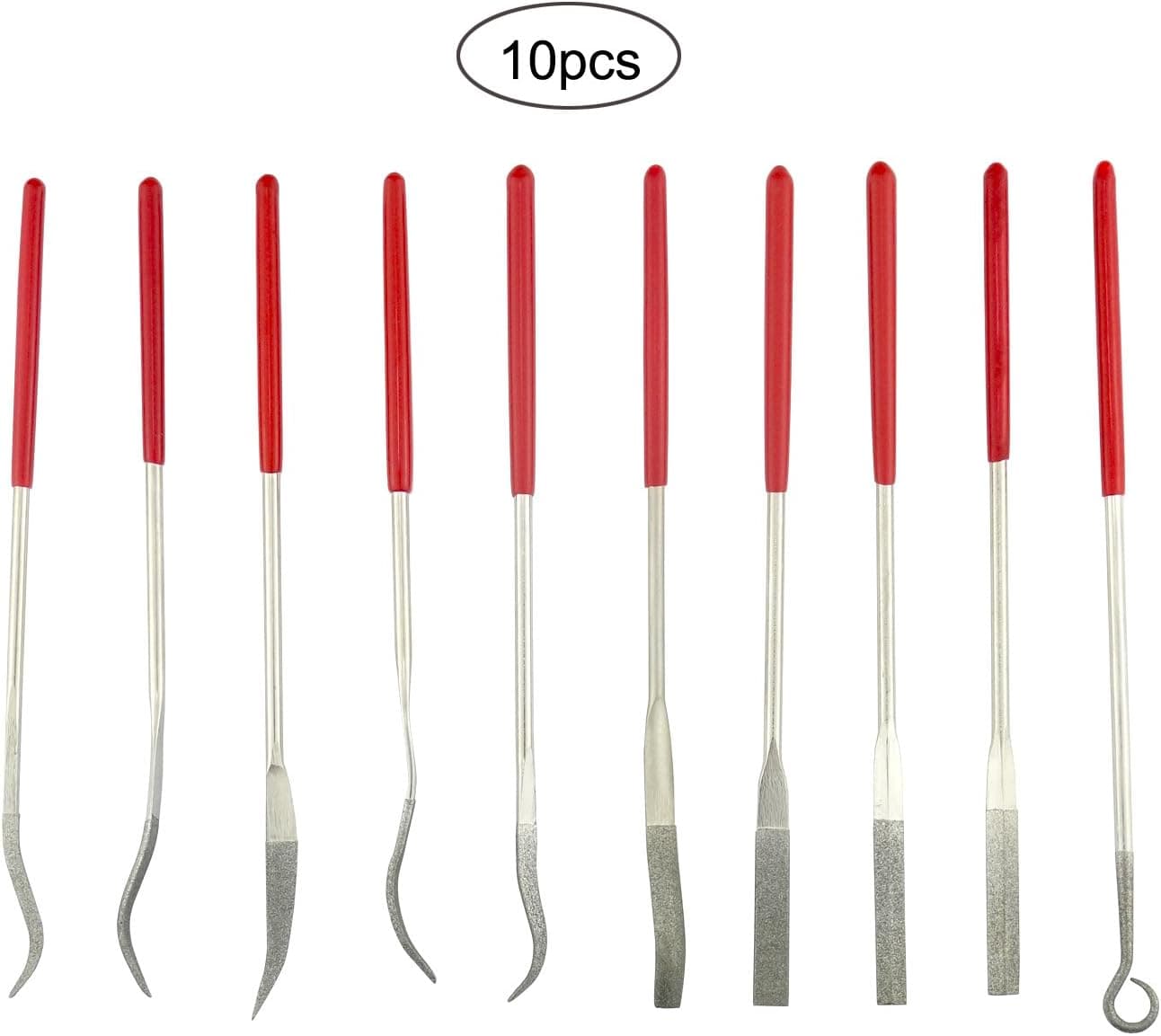 Wisdomen 10Pcs Various shapes diamond Coated Riffler Files, Bent Curved Diamond Needle Files with Red plastic Handle