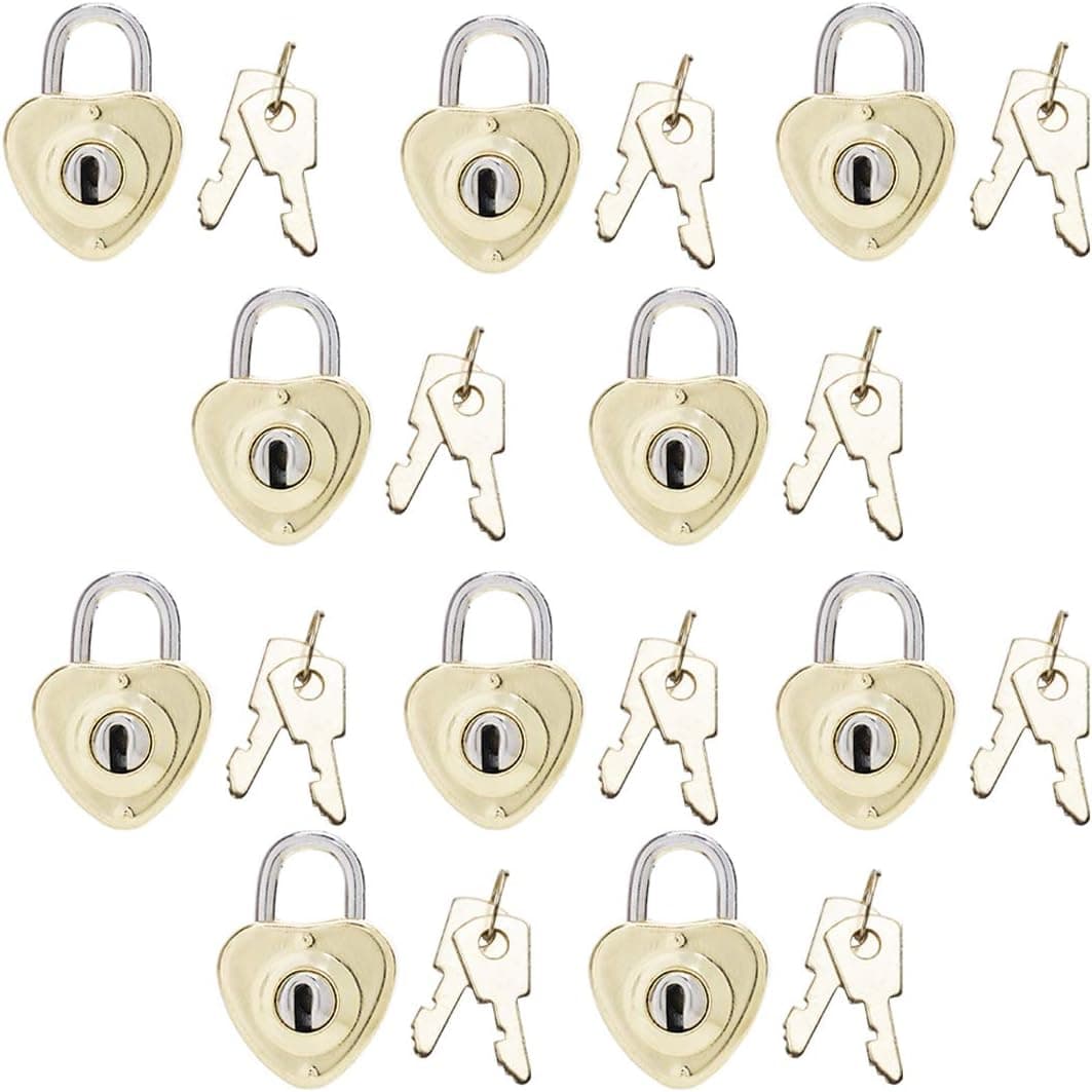 10PCS Vintage Antique Style Mini Cute Heart Padlocks Luggage Locks with Keys for Decor, Bronze