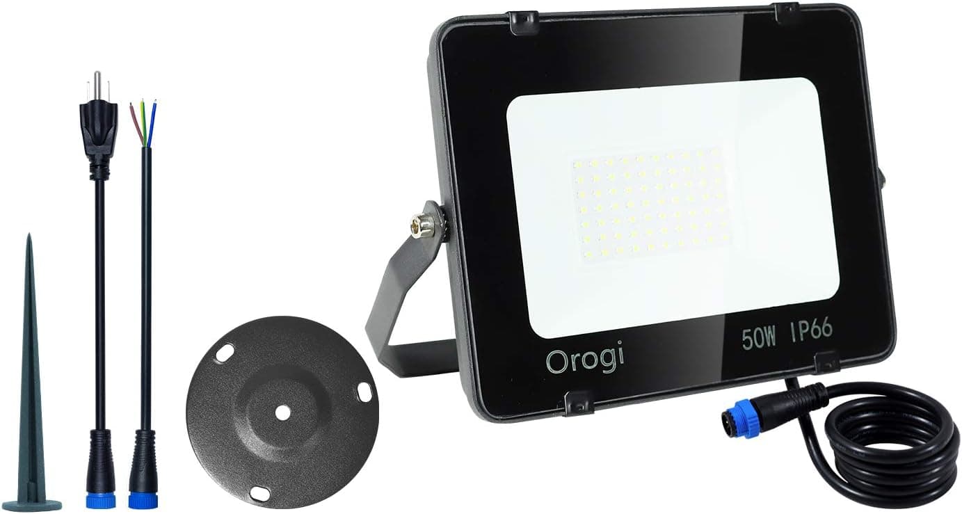 Orogi 30W LED Flood Light,Security Lights Super Bright,Stake into The Ground,Wall Mount,Multi-Connection,Plug in and Separate Wire,Anti-Steam Tech,IP66 Waterproof Outdoor Indoor