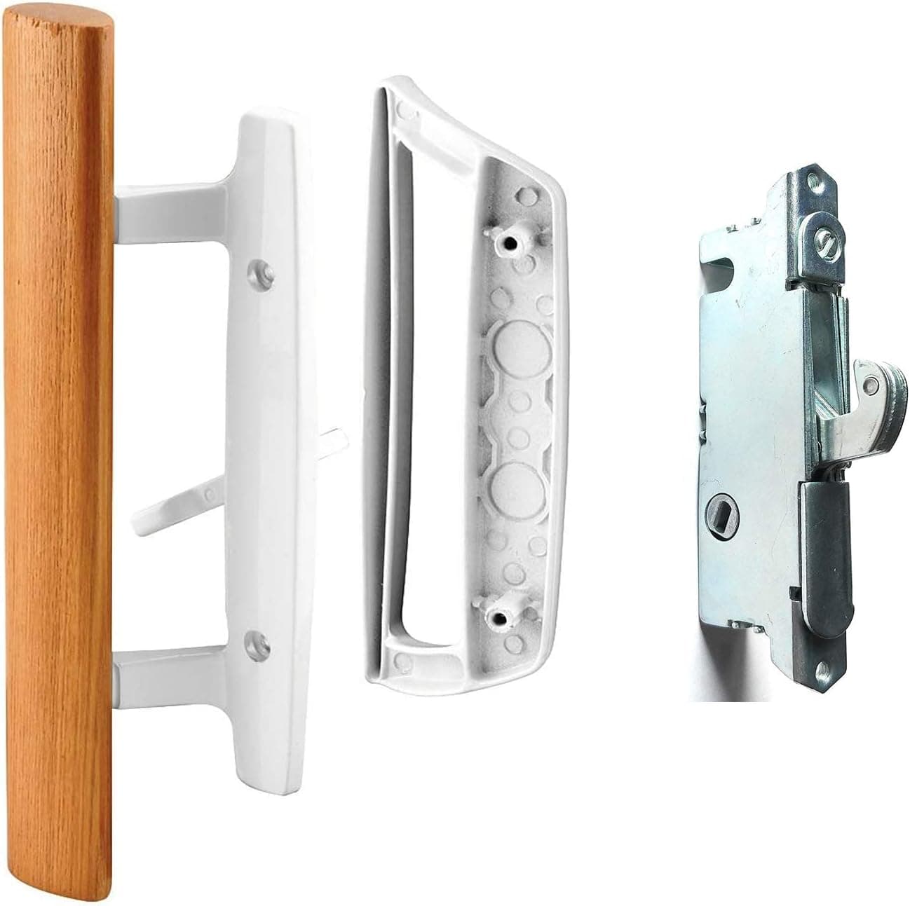 Sliding Glass Door Handle Set Oak Wood Interior Handle and Exterior Pull White Diecast Finish+Mortise Lock 45° Keyway Fits 3-15/16” Screw Hole Spacing, Non-keyed with Latch Locks(White)