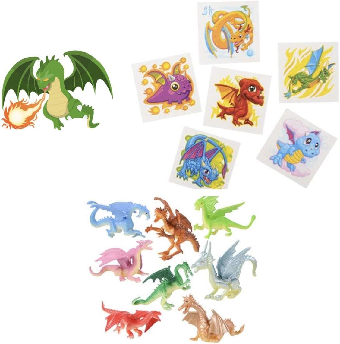 120 Dragon Party Favors - 72 Tattoos 24 Figures 24 Stickers - Teacher Classroom Reward Incentive School Supplies Fire Breathing Medieval