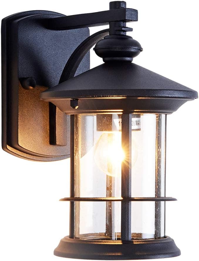 Rustic Small Outdoor Wall Light Fixtures for Exterior Waterproof Rust-Proof House Deck Patio Porch Lighting Matte Black Aluminum Housing with Seed Glass Shade, Black 10.24" Height